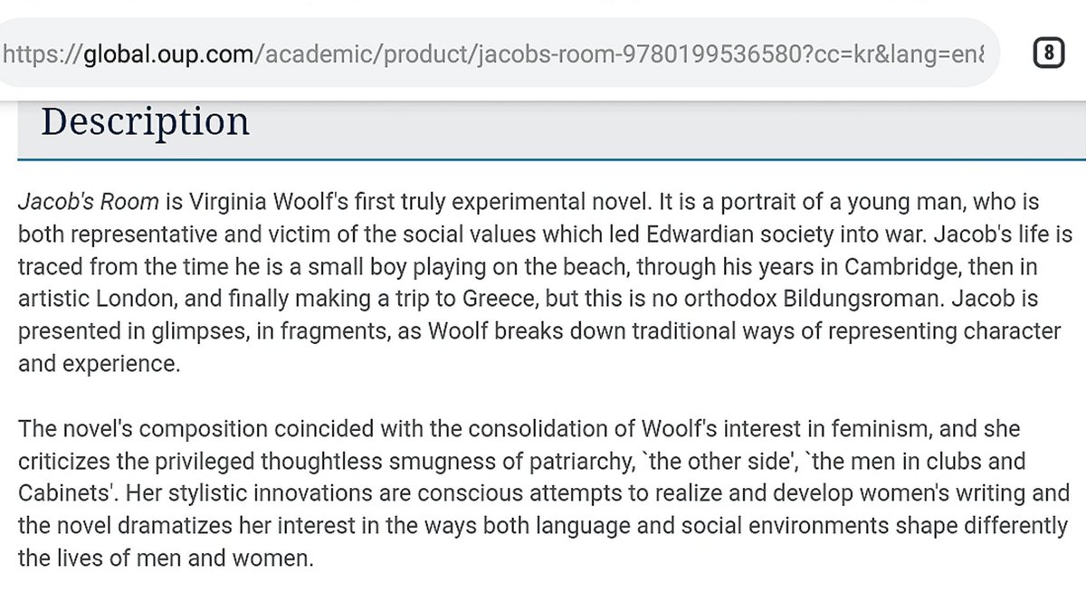 Jacob’s Room (제이콥의 방) by Virginia Woolf, published in 1922, novel about a young man, Jacob Flanders and it covers his life from the age of about ten to his late twenties, when he is sent off to fight in the First World War and, presumably, dies.- #Yeri's book recommendation