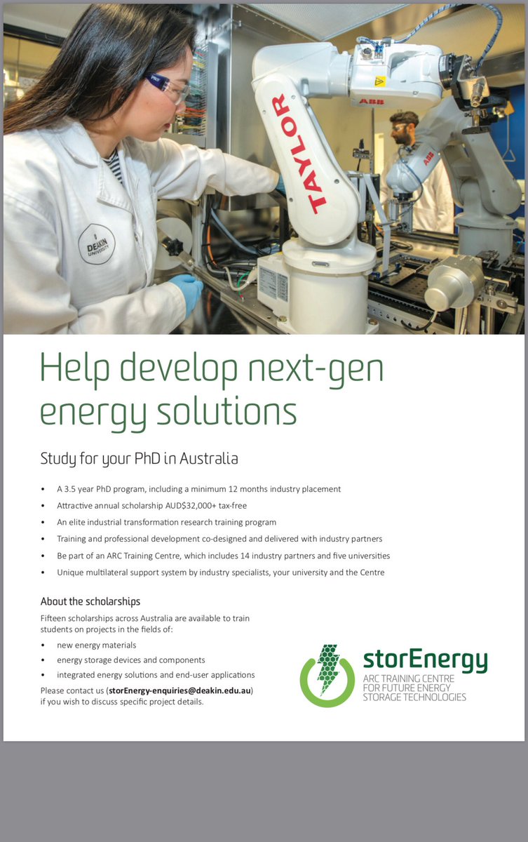 DRMacFarlane's tweet photo. PhD scholarships on battery and capacitor development available in our new Energy Storage training centre. https://t.co/vFlIaEYeGT
