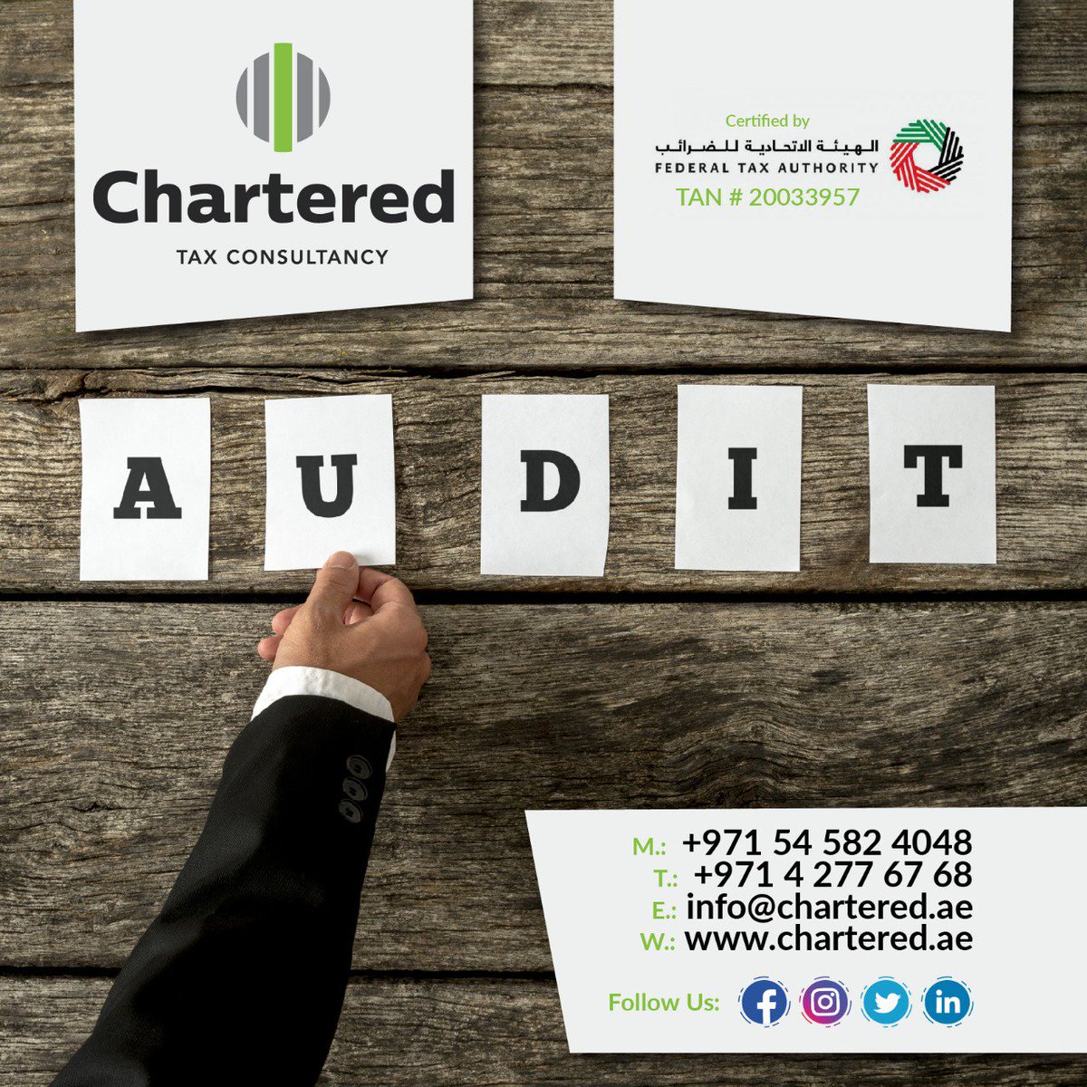 Auditing Services by Professional Team of Approved Auditors in Dubai &amp; Abu Dhabi
 * #ExternalAudit
 * #InternalAudit
 * #VAT Auditing
04 277 6768 | 054 582 4048 | 054 582 4042
info@chartered.ae
chartered.ae

#التسامح #YearofTolerance Happy Chinese New Year