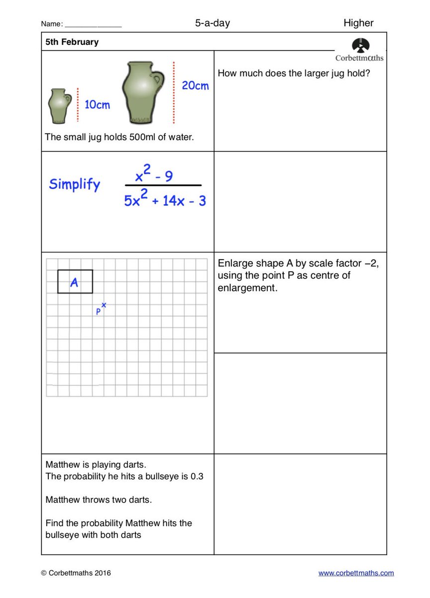 Corbettmaths's tweet photo. Studying for Higher GCSE Maths? Try today's Foundation Plus, Higher &amp; challenging Higher Plus #maths5aday answers: https://t.co/n50J7L6LD9 https://t.co/ejOtETBFd1