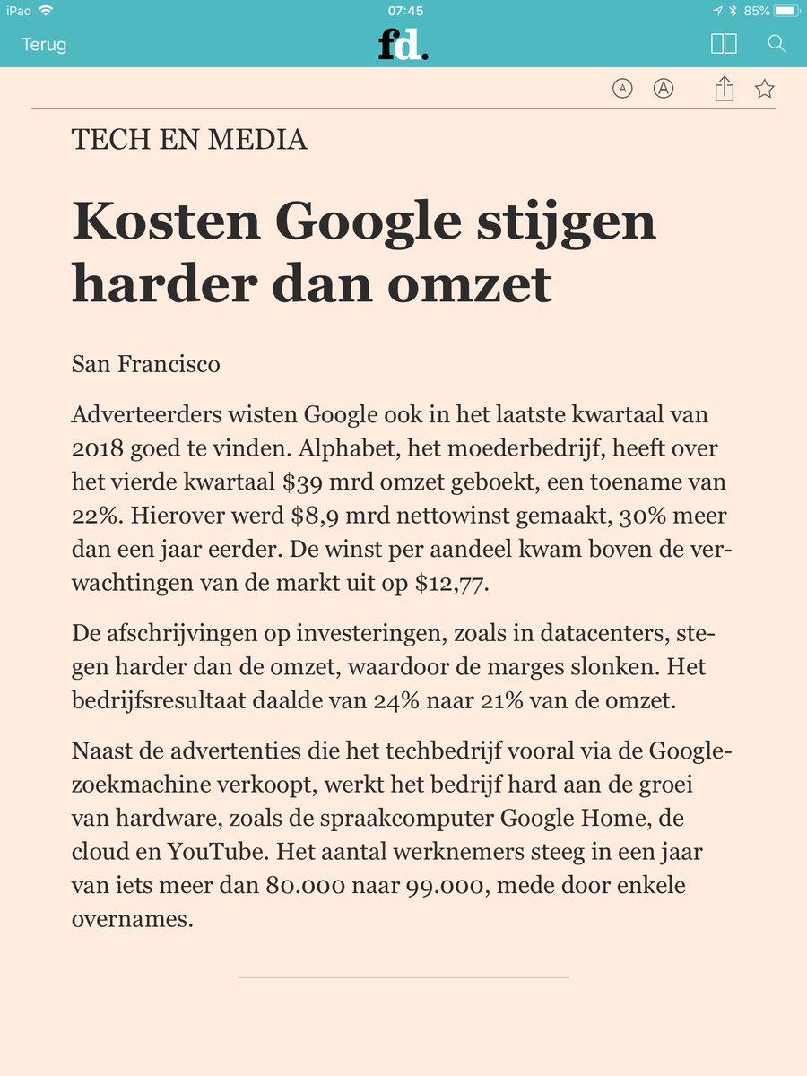 Vreemd gekozen kop boven een artikel waar qua cijfers je vingers om bij af te likken zijn <a href="/FD_Nieuws/">FD Nieuws</a> #google #winst #afschrijvingen #winstperaandeel #tech #media