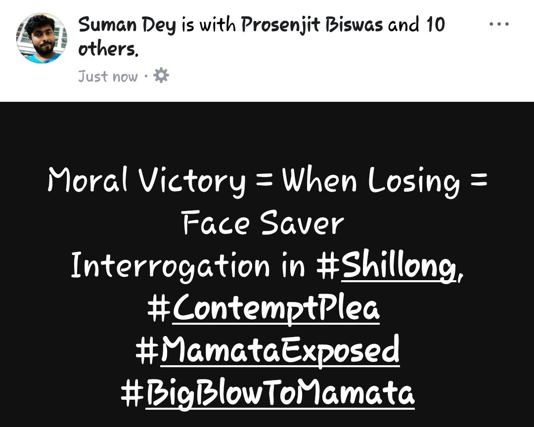 Suumandey's tweet image. Moral Victory = When Losing = Face Saver 
Interrogation in #Shillong,
#ContemptPlea
#MamataExposed in all fronts
#BigBlowToMamata

#SlapOnMamataFace 
#SaveBengal #MiddleClassWithModi 
@SuPriyoBabul @vinitgoenka @TajinderBagga @AmanSinhaLaw @NupurSharmaBJP @impriyankabjp @jhanjhat