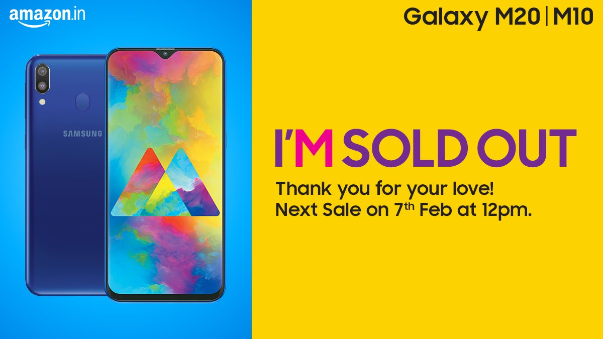 SamsungIndia's tweet photo. Thank you for your love! The Samsung Galaxy M20 &amp; M10 will be back soon. Get Notified for the next sale on Amazon: https://t.co/EPNqSsdMgH  &amp; Samsung India: https://t.co/n0TpN1fs8m  
#IMPOWERD https://t.co/0Wx2EWgCM2