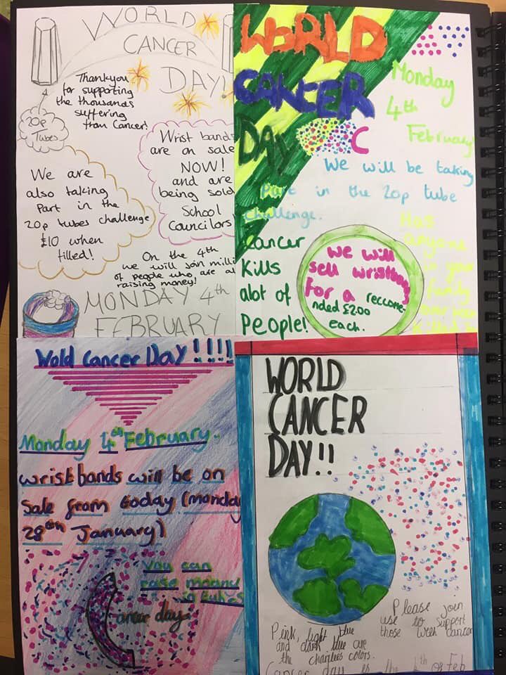 RelayYork's tweet photo. How #amazing! Posters made by children at a #mjbeatit team members school #worldcancerday. Wearing #UnityBand & taking part in 20p tube challenge. So #important to #raiseawareness with young children & talk about #fundraising #proud #theyarethefuture @CR_UK @CRUK_Kids #ActofUnity https://t.co/7BILrubMm8