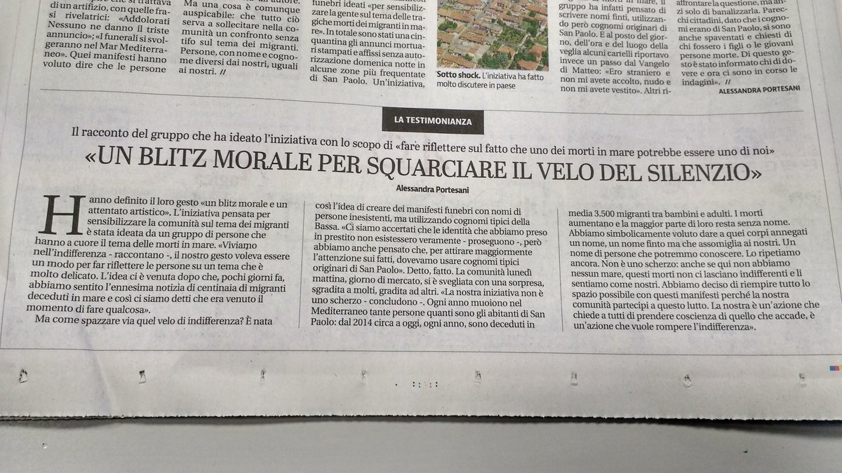 #Brescia #migranti A #SanPaolo paesino della bassa bresciana compaiono decine di finti manifesti funebri. Un "blitz morale e un attentato...artistico" per denunciare le morti dimenticate nel #Mediterraneo . "I morti aumentano e non hanno nome. Ma potremmo essere noi" (via: Gdb).