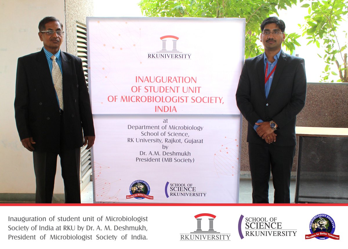 RKUniversity's tweet photo. Dr. #AMDeshmukh, President of Microbiologist Society of #India delivered a talk on recent trends in Microbiology and Biotechnology during inauguartion of the student unit of Microbiologist Society of India at #rku. #mbsociety #studentunit #inauguration #microbiologistsociety https://t.co/oIjh74R4EH