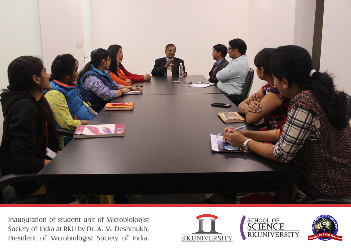RKUniversity's tweet photo. Dr. #AMDeshmukh, President of Microbiologist Society of #India delivered a talk on recent trends in Microbiology and Biotechnology during inauguartion of the student unit of Microbiologist Society of India at #rku. #mbsociety #studentunit #inauguration #microbiologistsociety https://t.co/oIjh74R4EH