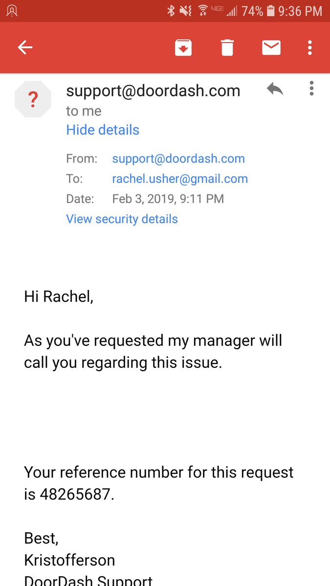 RachelUsher54's tweet photo. @soccermanu89 @DoorDash see him I received from your customer service last night. I never received any call back. Honestly all we said we wanted was full refund. Please help solve this #doordash https://t.co/D5PzzPVnyK