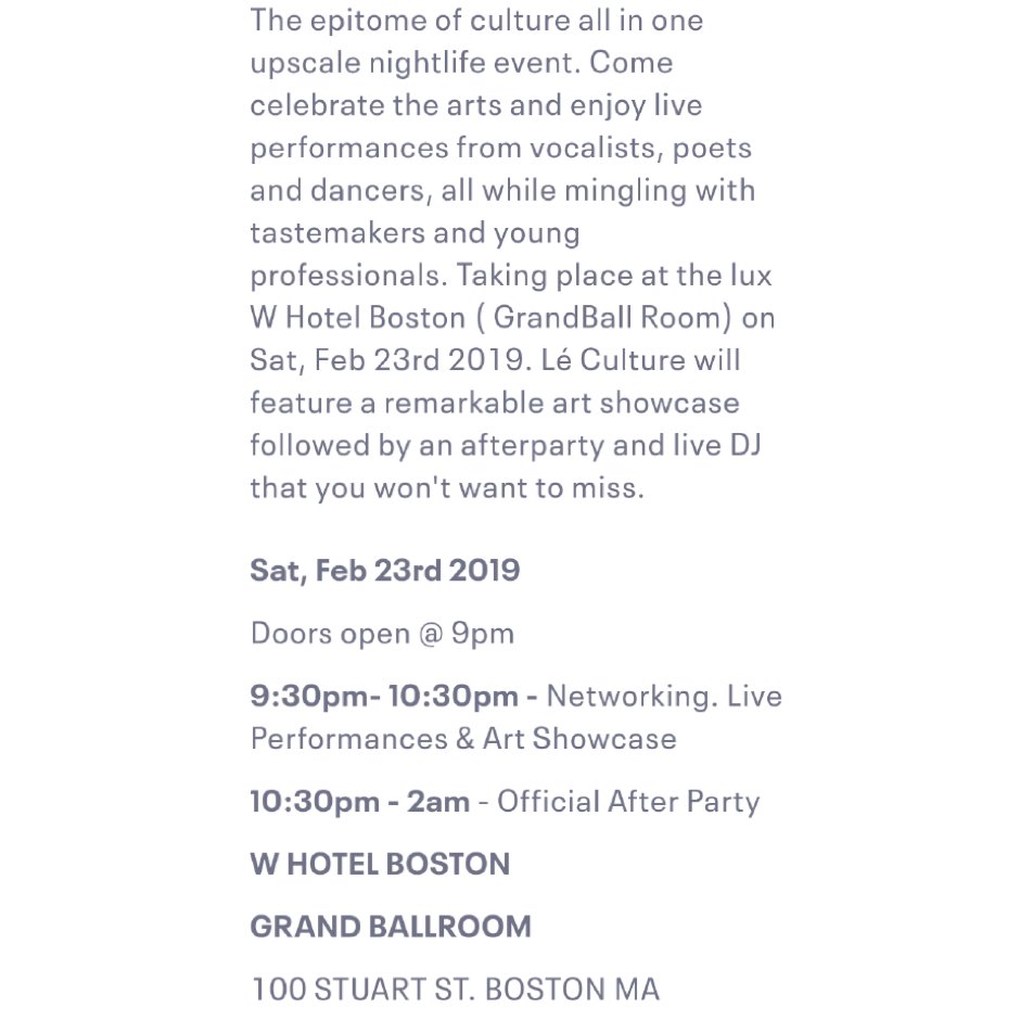 priveWW's tweet photo. Join us at the @whotelboston #LéCulture for an upscale night of art and live singing that will surely be one for the books. 🎞 📽
.
.
#whotelboston #upscale #art #livemusic #entertainment #boston #dance #network #priveworldwide #photography #artists #artwork #artshowcase https://t.co/QMcrG4Cq5h