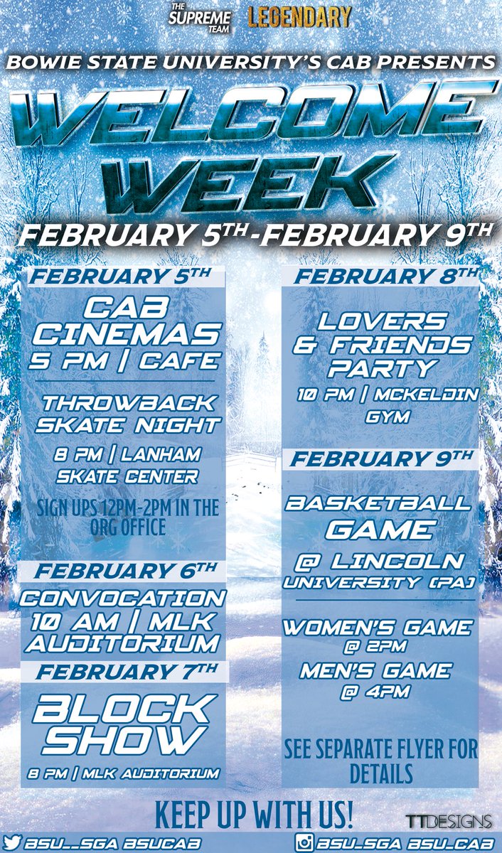 bowiestatesga's tweet photo. Y’all thought we were finished 👀. The Supreme team & The Legendary Administration Presents Welcome Week Part✌🏽 ❄️❄️ from February 4th through February 9th pull up to the endless events this up coming week! 🤫❄️🔥
#thelegendaryway #BSUWelcomeWeek https://t.co/8ZBgxFWVI2