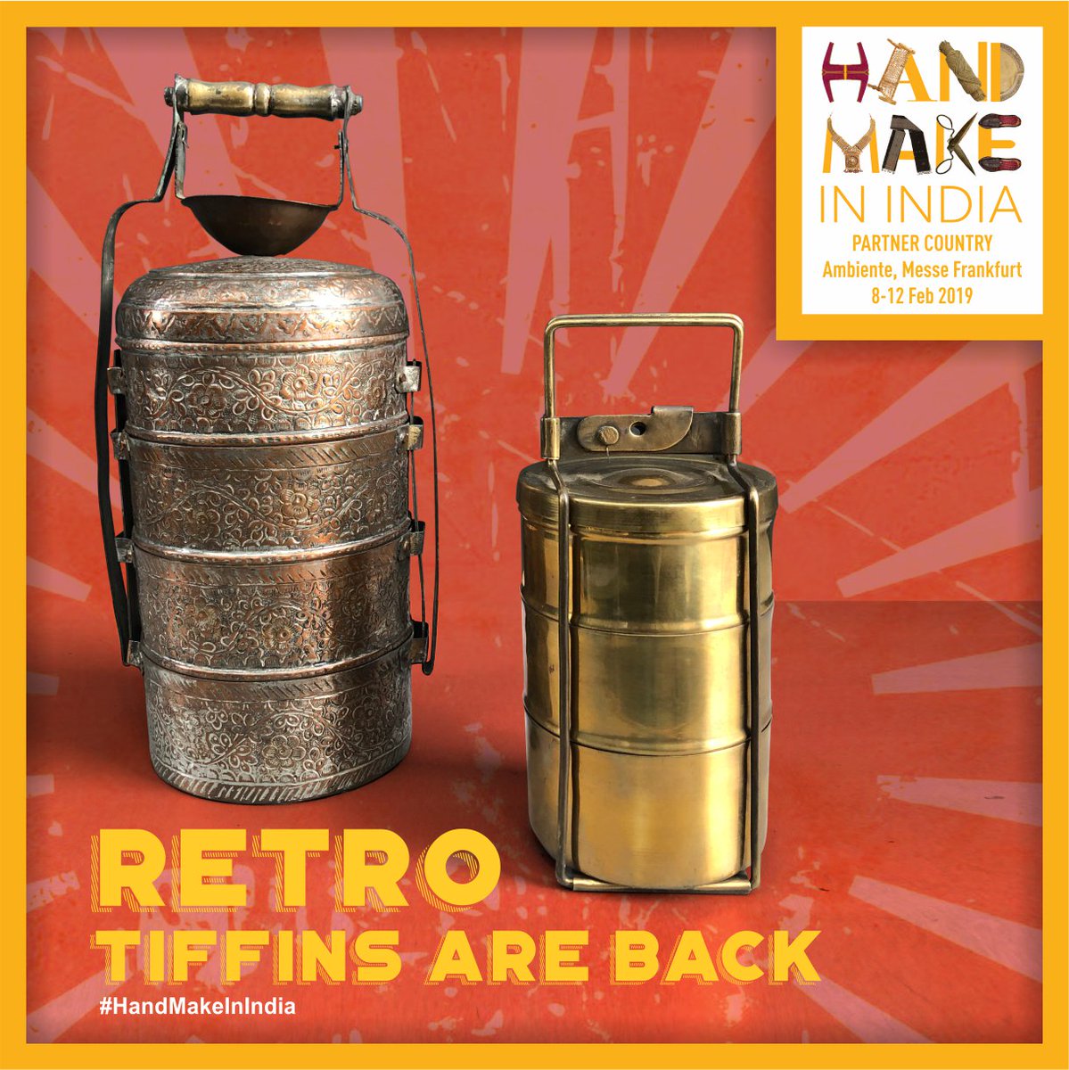 handicraftsdc's tweet photo. Forget plastics. Let the good ol’ copper &amp; brass lunch boxes keep your #food warm &amp; healthy. ‘Tiffin’ is an #Indian word describing a #metal lunch box. We're bringing the magic of gifted hands that combine traditional #metalwork &amp; #retro #designs at #ambiente19. #HandmakeInIndia https://t.co/rq1GFg7sUd