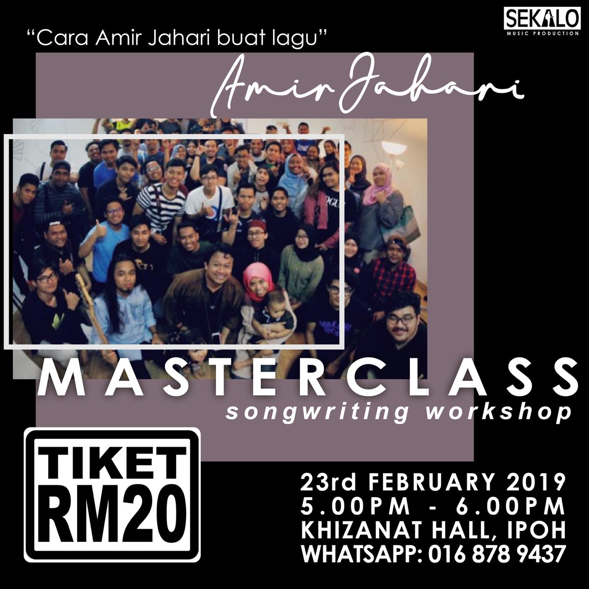 Tolong retweetkan boleh? 
Warga Ipoh Perak, siapa kata haritu nak belajar buat lagu? Ha mai aku buat Masterclass songwriting ni, boleh tanya semua soalan nanti.