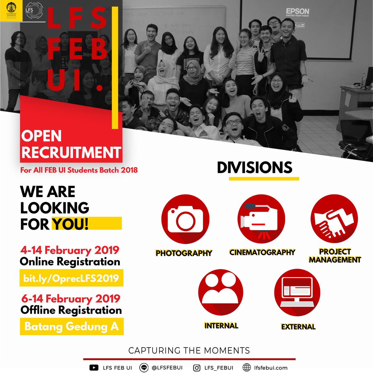 [OPEN RECRUITMENT STAFF LFS FEB UI]

Are you ready to be a part of our FAMILY? So don't miss out!

LFS FEB UI
Capturing The Moments