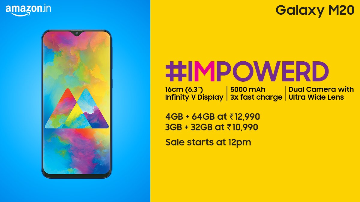 SamsungIndia's tweet photo. THE WAIT IS FINALLY OVER! The Galaxy M20 is here. 
Sale starts today at 12pm. Be the first one to get your hands on the new #GalaxyMSeries. Get Notified on Amazon https://t.co/jvC7dicDO1 &amp; Samsung India https://t.co/LA7Jb9pjhK 
#IMPOWERD https://t.co/a6ySZJn1VY