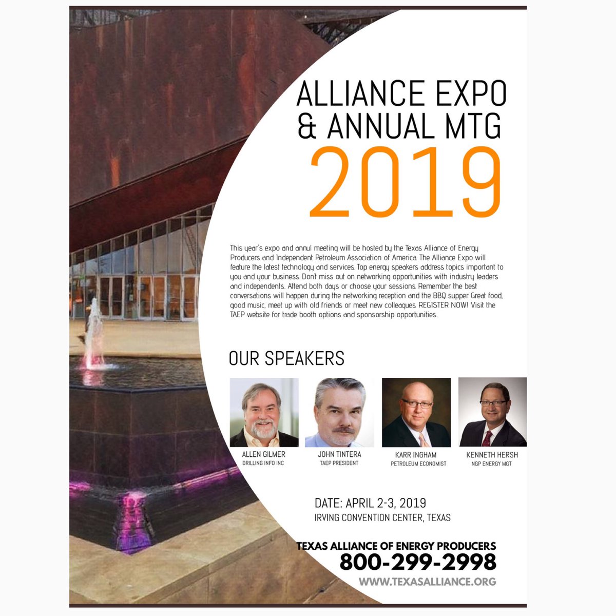 TalkTexasOil's tweet photo. @TexasAllianceEP @JJT13 @Joann1025 invite you to the Alliance Expo! April 2, 2019 #TXAllianceExpo2019 #AllianceTXExpo2019
#TXExpo2019 in Irving, Meet #BasicEnergy! Register your booth this week! Irving, Texas https://t.co/Z1QGPwYvlE