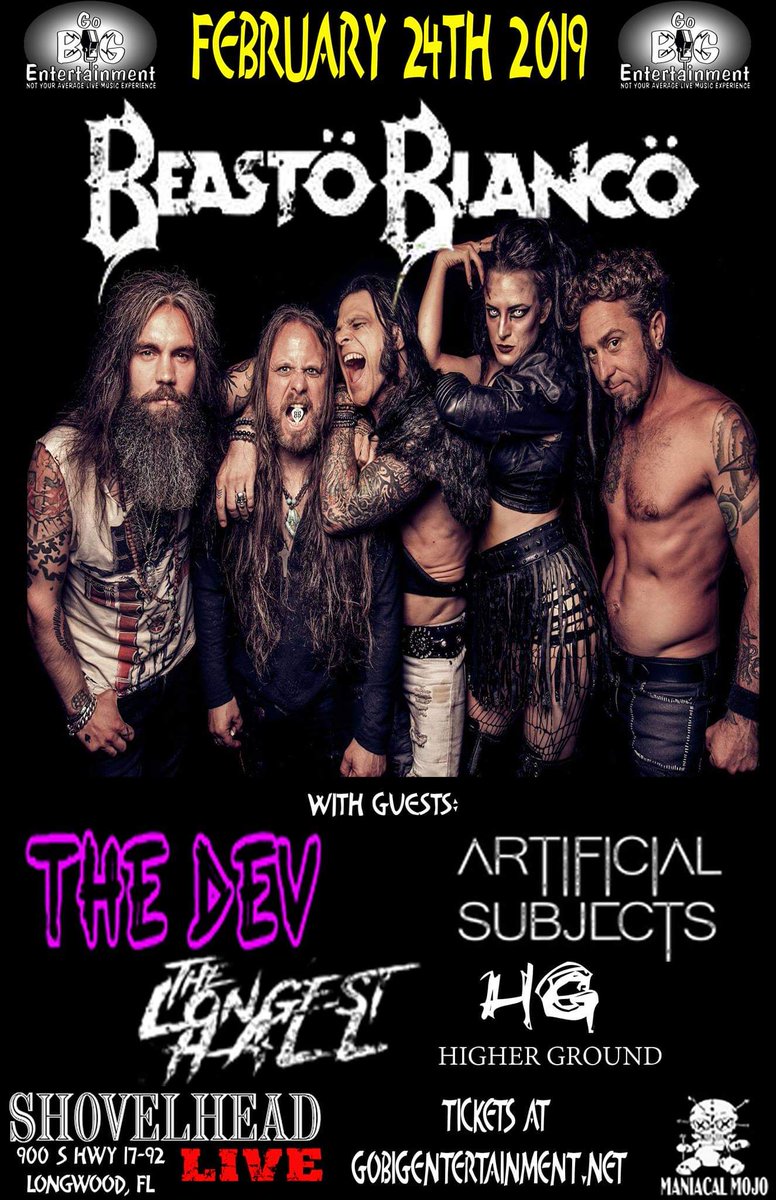 artificialsubjx's tweet photo. Joining the awesome @beastoblanco on February 24th!!  Along with us for local support, The Dev, @TheLongestHall, and Higher Ground!
It all goes down at Shovelhead in Longwood, FL.
.
Show is gonna be cool as heck and you NEED to be there to see it.
#louderthanyourface https://t.co/na97pnW0UD