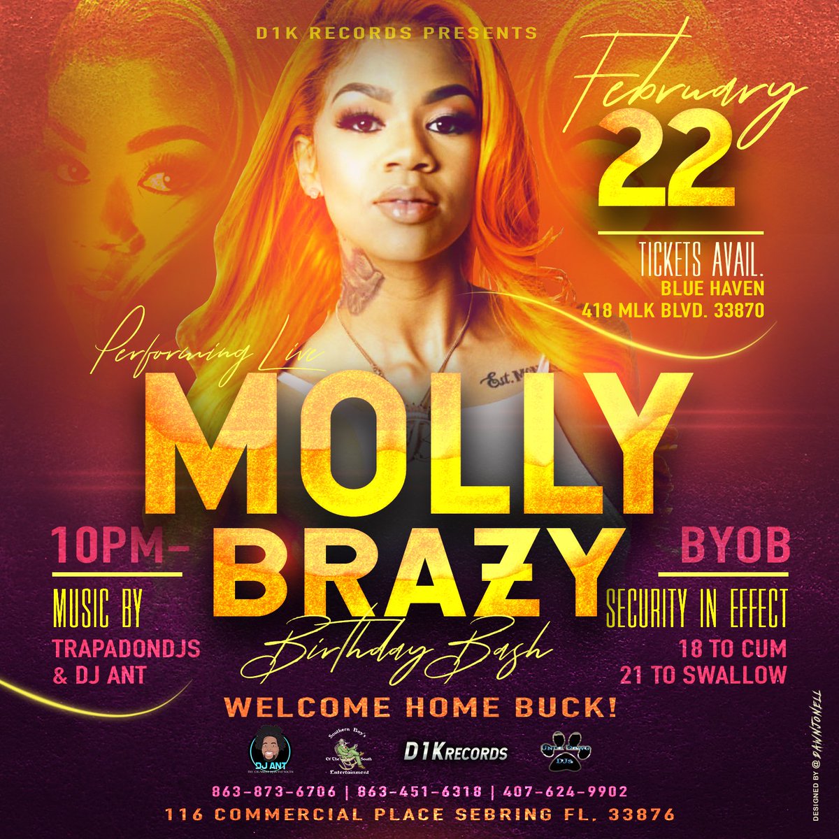 DJANT863's tweet photo. Had to book bae we gone turn up @MollyBrazy performing live in Sebring #mollybrazybirthdaybash #welcomehomebuccbucc #grandopening of the D1k Entertainment complex yessuh #bigbrazy https://t.co/Cm8hSnP3Kx