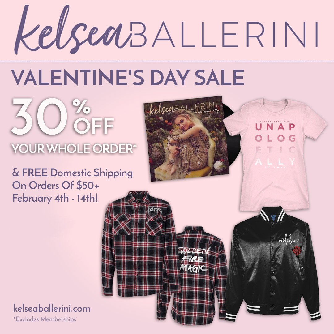 KelseaBallerini's tweet photo. We may hate pink hearts with glitter and Valentine's dinner, but we LOVE a #KelseaBallerini merch sale! 30% off now through February 14th. -Team KB https://t.co/g3Untgyw7K https://t.co/HqFaWKYswZ