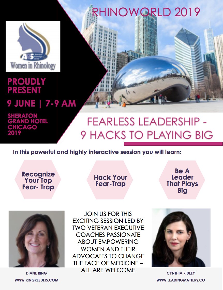 Women_Rhinology's tweet photo. Please join us for our #womeninrhinology event at #Rhinoworld2019 in #Chicago on Sunday June 9th from 7-9am. Diane Ring and Cynthia Ridley will be discussing "Fearless Leadership - 9 Hacks to Playing Big." Hope to see you there! https://t.co/svyho2pHiF