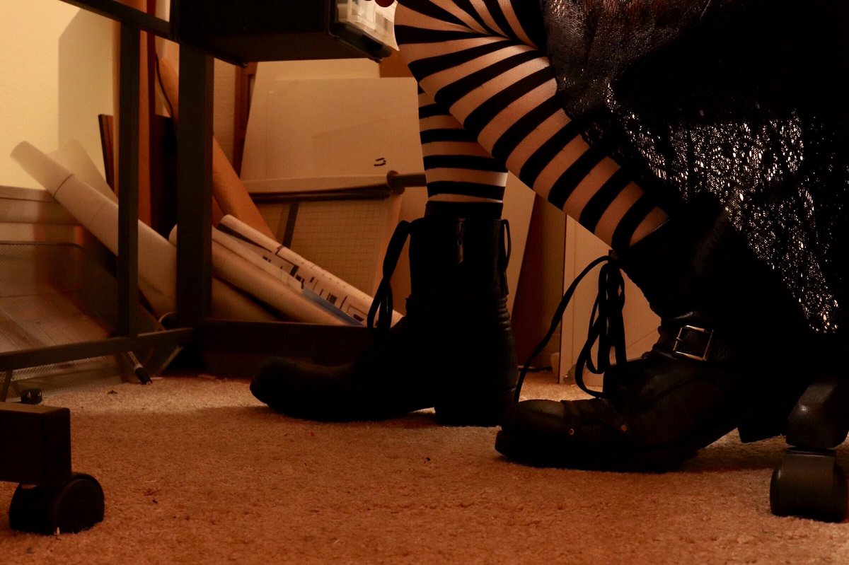 Sooo, skirt, stockings, boots. Didn’t feel up to a full body shot. And yeah, stripey Tim Burton-esque stockings and a layered lacey skirt is a goth cliche. But it’s what I like.