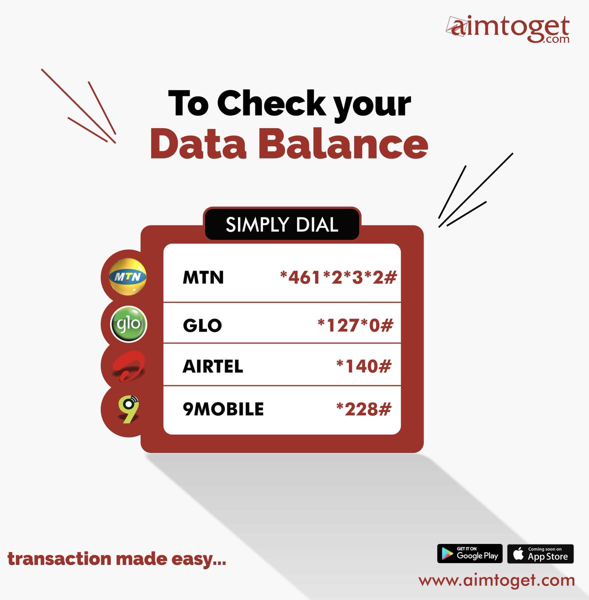 myaimtoget's tweet image. New codes to check all network data balance bought from Aimtoget. 

Purchase data on Aimtoget and enjoy 💯

#aimtogetdata #cheapestdata #instantdata