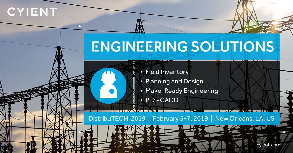 Cyient's tweet image. How is the lack of advanced engineering solutions hampering the utilities’ ability to deliver reliable services while maintaining low rates, &amp;amp; high satisfaction? Learn how we deliver innovative solutions for the #digitalutility @DistribuTECH #DTECH2019 go.cyient.com/distributechev…
