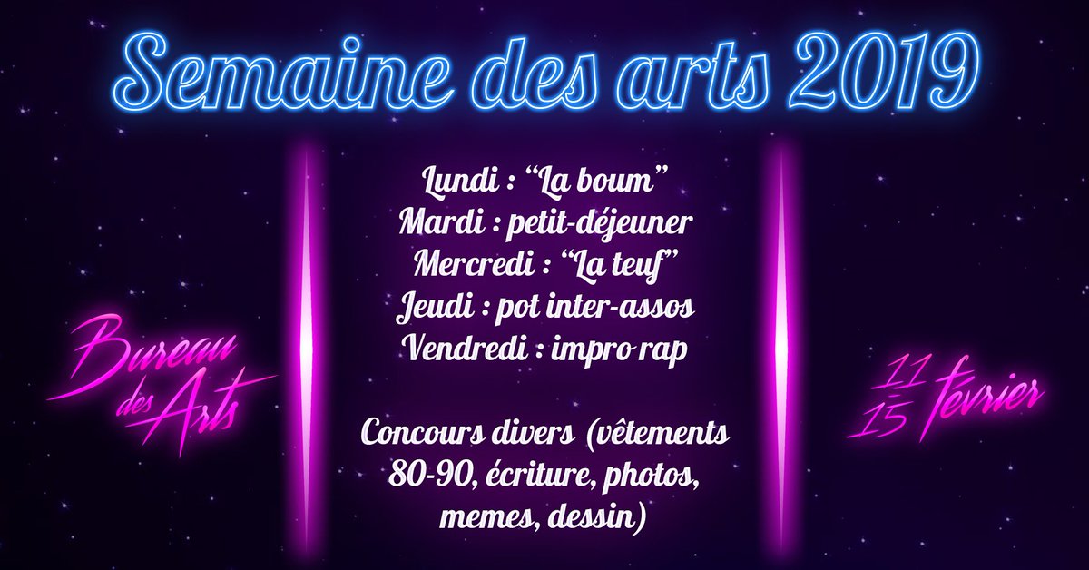 bdacampuseiffel's tweet photo. Vite Marty ! Monte dans la DeLorean, on doit faire un saut dans le passé ! 🔙

Le BDA vous a organisé FLASHBACK 80-90's, la semaine des Arts 2019 ! Prêts pour une semaine de dingue ?
🔹 Des events chaque jour !
🔹 Toute la semaine, plein de concours ! 📜

https://t.co/3yTOwMYvPA https://t.co/bVY7wbKdZo