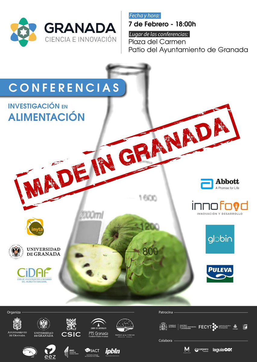 Innofood_IDI's tweet photo. Este jueves estaremos en el @AyuntamientoGR a las 18:00 junto con  @AbbottGlobal @CIDAF_GR  @UGRinvestiga @puleva e INYTA, para hablar de la #innovacion en #Alimentacion #MadeinGranada. ¡Os esperamos! https://t.co/wSr0arPfmV