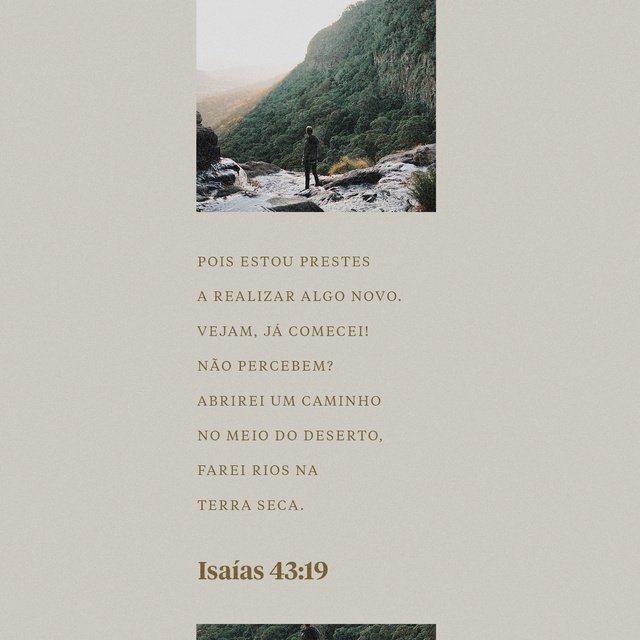 enteu's tweet photo. Pois estou prestes a realizar algo novo. Vejam, já comecei! Não percebem? Abrirei um caminho no meio do deserto, farei rios na terra seca.

Isaías 43:19 https://t.co/KuSZrDm1IA