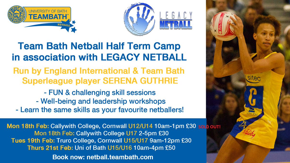 There are limited spaces left on our @legacynetball camps. Lead by @serenabob ! in #Bodmin #Truro & #Bath Book on here: store.bath.ac.uk/product-catalo…