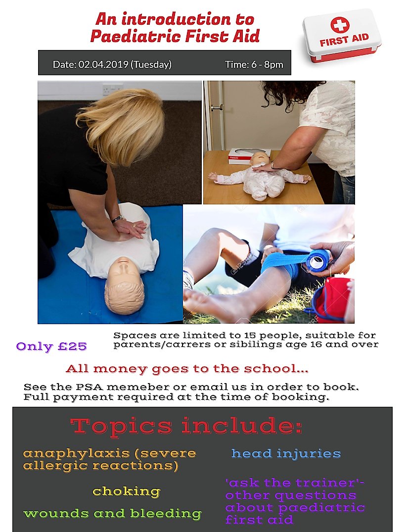 Malpas_Park's tweet photo. Our PSA has arranged a disco for the children and a Paediatric First Aid course. Please see the images attached or check out our website - PSA/News #gomppspsa https://t.co/Olc7G3Mb5Y