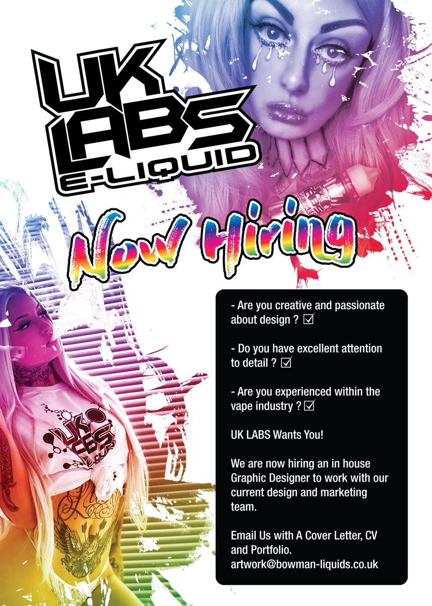Are you a Graphic Designer / Marketeer in the North West UK &amp; able to get to Warrington?

UK LABS are hiring!

If you're interested in being a part of one of the UK's fastest growing e-liquid brands, please send your cover letter, portfolio &amp; CV to:

Artwork@bowman-liquids.co.uk