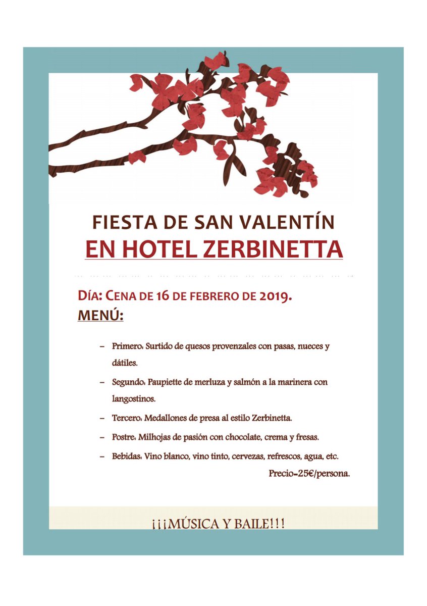HotelZerbinetta's tweet photo. Disfruta de la cena de enamorados con nuestro menu especial de San Valentin el próximo 16 de febrero. Habrá fiesta y baile hasta las 4 horas de la madrugada. https://t.co/V4TlI3DFpk