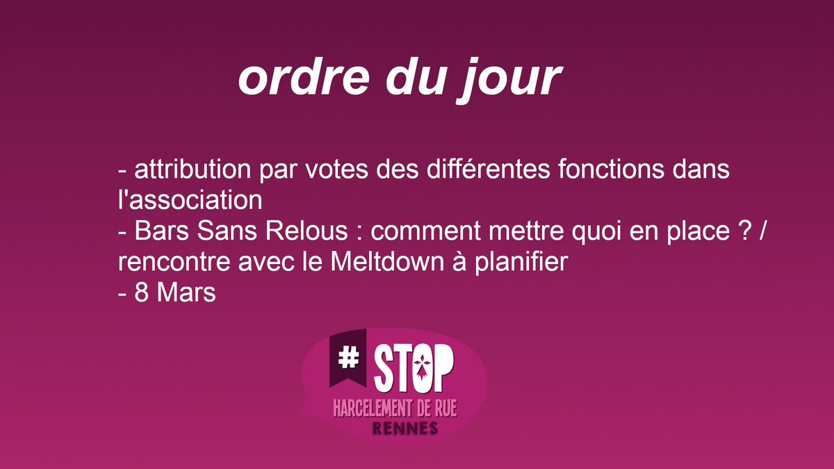 stophdr35's tweet photo. Bonjour à tou-te-s !

Jeudi 7 Février, nous organisons une réunion à laquelle vous pouvez participer si vous hésitez à nous rejoindre 💪

voici l'ordre du jour : nous commençons la mise en place des bars sans relous à Rennes 👊 https://t.co/lgrtkJO8EC