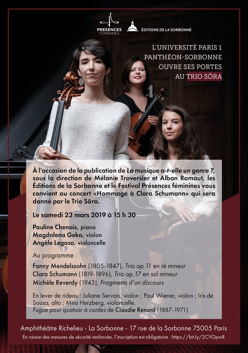 pcompositrices's tweet photo. Reprise du concert en hommage à Clara Schumann qui sera donné par le Trio Sōra le 19 mars à l'Opéra de Toulon !
📖https://t.co/uFEjqqorej
📍https://t.co/CaxOMyTB7v
🎼https://t.co/p1PZIeYUjY 
@SorbonneParis1 @orunesu @sacem @InstUnivFr @IRHiS_UdLille https://t.co/deFXhyF4kV