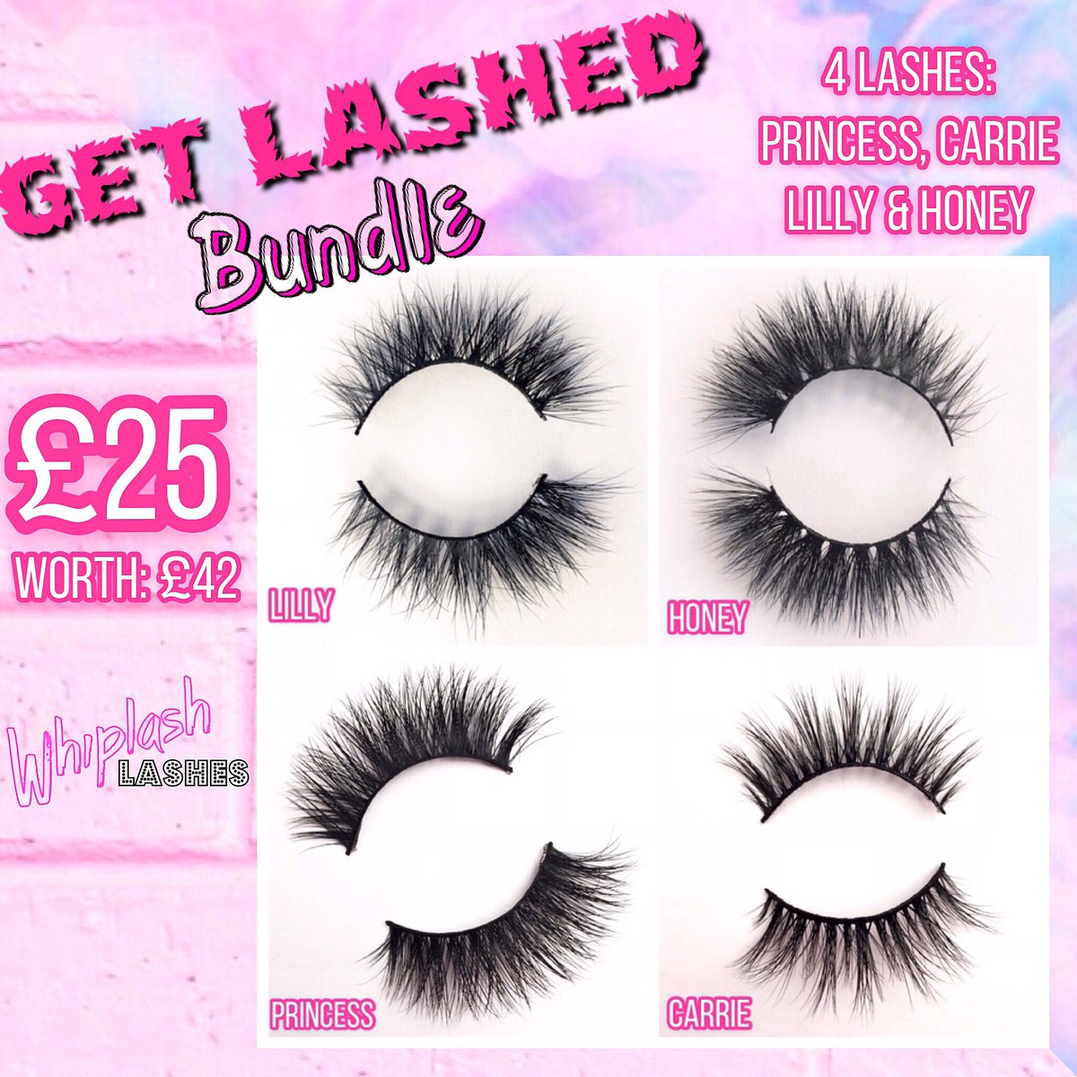 “Get lashed” Bundle. 4 lashes for just £25! But Worth £42.  

Lashes included are: Carrie, Lilly, Honey &amp; Princess. 💁🏼‍♀️

The perfect four to take you from day to night!  These are online and available to buy now! 
Whiplashlashes.co.uk