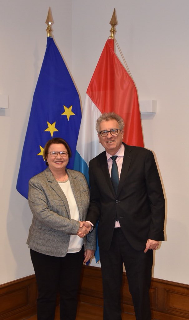 MinFinLux's tweet photo. Good exchange between @FrankelSimona, Israeli Ambassador to Luxembourg, and @pierregramegna on the upcoming @LuxFinance mission to 🇮🇱 Israel. #LTIO #TelAviv #FinTech @The_LHoFT https://t.co/QtvuBmZadX