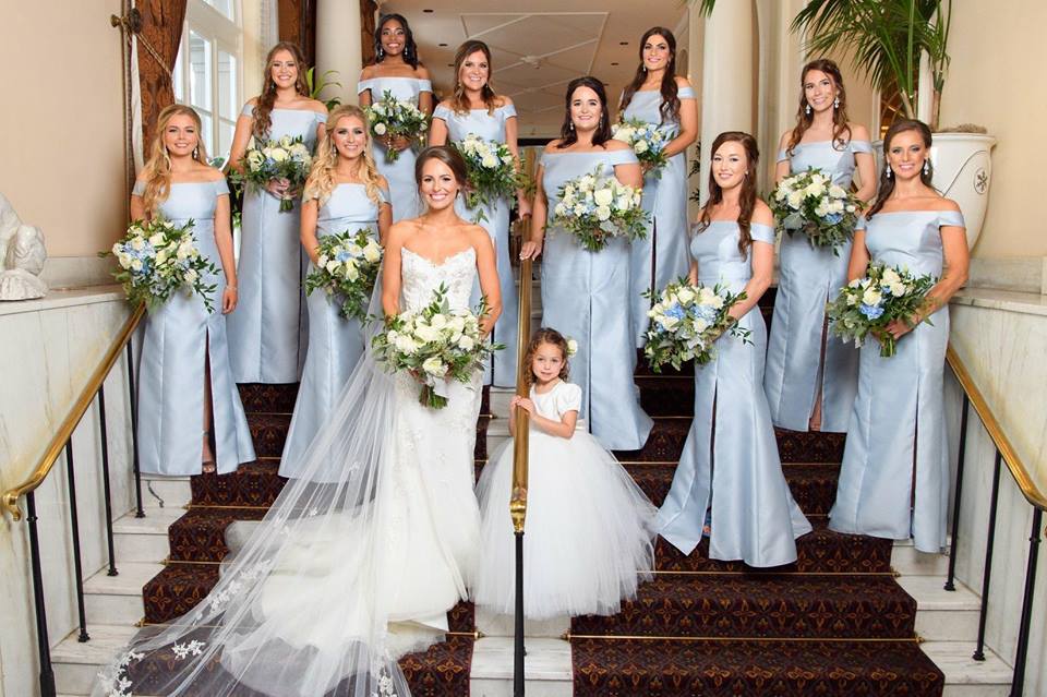 Bridesmaids in style D751 Mist. This style and over 200 others in store to choose from. Available in over 80 colours. Book your appointment on 0141 644 1453.