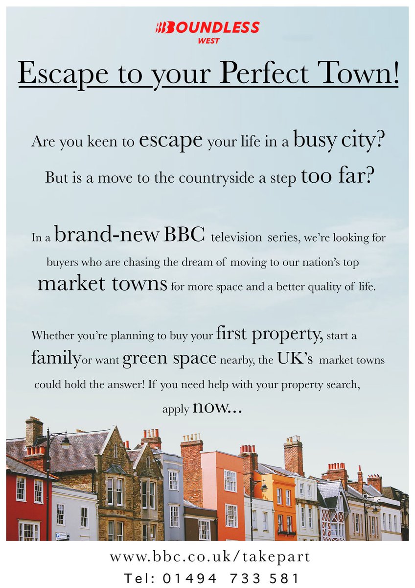 Perfect_Town's tweet photo. Brand-new BBC series, Escape to the Perfect Town (working title) is looking for buyers wanting to escape the busy city and move to our nation's top market towns. Apply now via the link or telephone 01494 733581. #PerfectTown #Escape #BBC #MarketTownMoves

https://t.co/x6TYByeOWL https://t.co/4sB79Wabc9