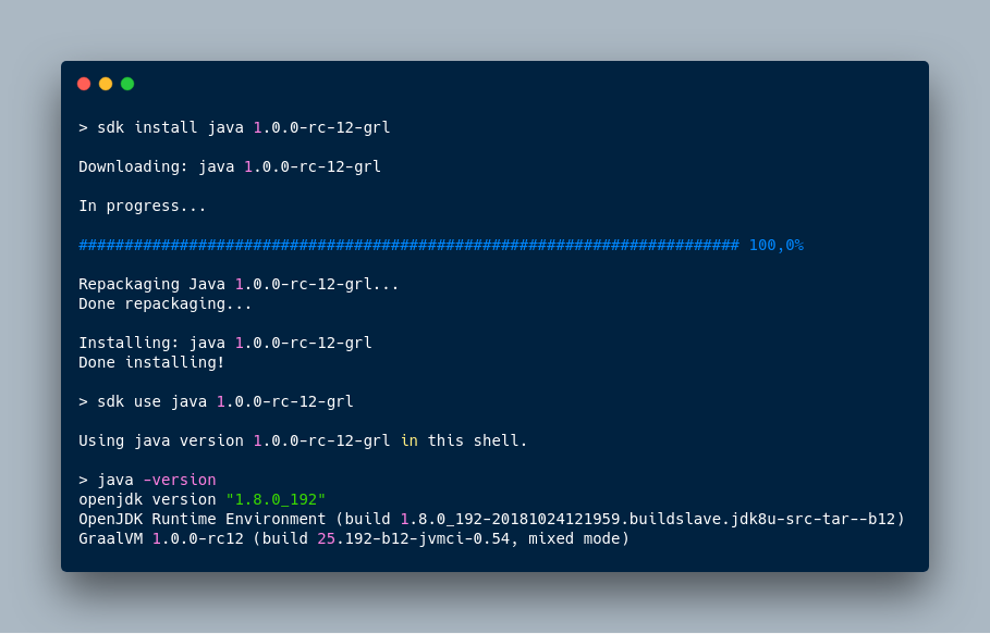wololock's tweet image. GraalVM ♨️ (@graalvm) 1.0.0-RC12 released on @sdkman_ 😀

#graalvm #java #sdkman #programming