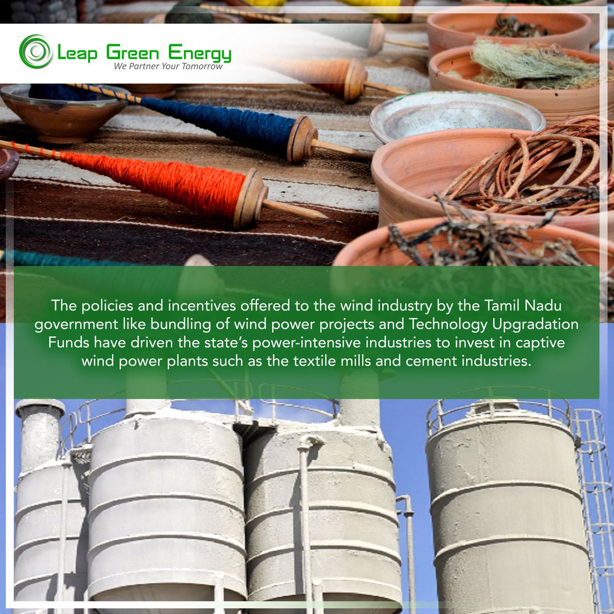 LeapGreen's tweet image. The policies and incentives offered to the wind industry by #TamilNadu government like bundling of #windpowerprojects and #TechnologyUpgradation Funds — have driven the state’s power-intensive industries to invest in captive wind power plants.