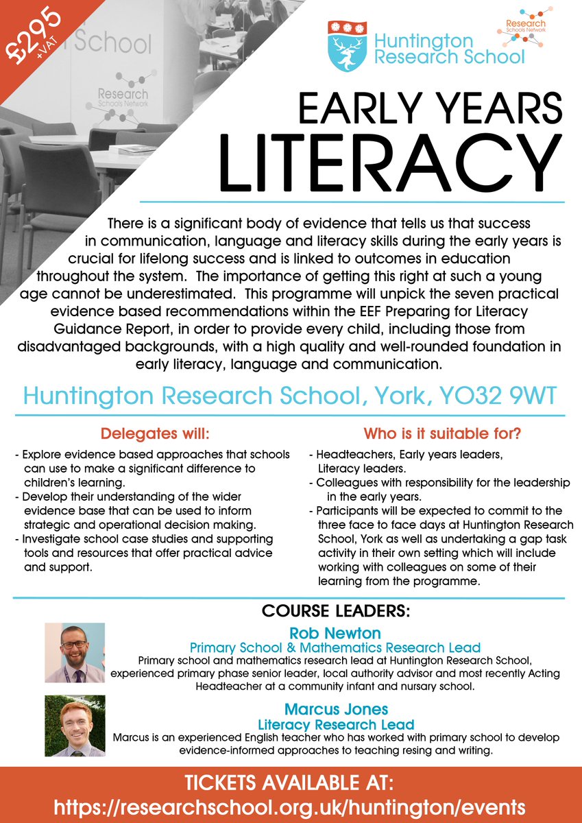 HuntResearchSch's tweet photo. Our new 3-day training course is taking bookings! @RobHTNewt and @Marcusjones900 will be diving into the seven practical evidence based recommendations within the @EducEndowFoundn Preparing for Literacy Guidance Report. https://t.co/HkjaNOYS0l #EarlyYears #Literacy #Training #CPD https://t.co/8wGKrTkFxi
