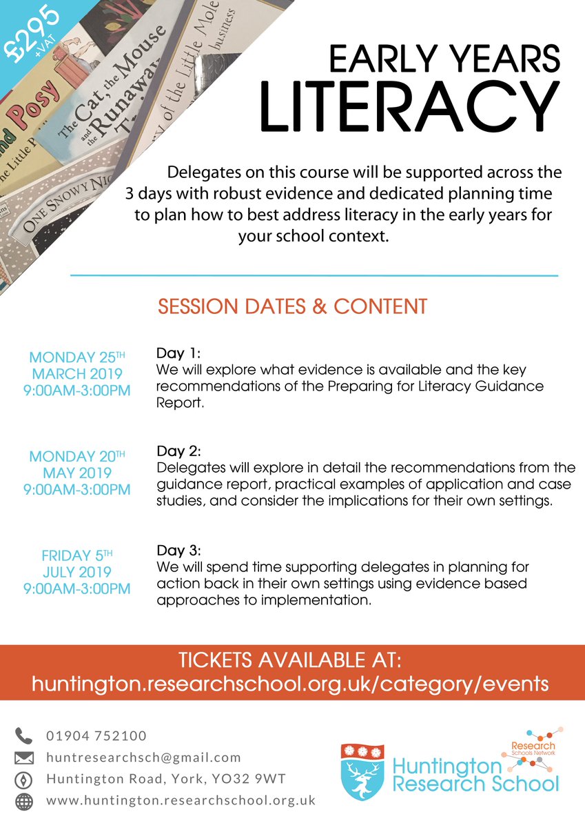 HuntResearchSch's tweet photo. Our new 3-day training course is taking bookings! @RobHTNewt and @Marcusjones900 will be diving into the seven practical evidence based recommendations within the @EducEndowFoundn Preparing for Literacy Guidance Report. https://t.co/HkjaNOYS0l #EarlyYears #Literacy #Training #CPD https://t.co/8wGKrTkFxi
