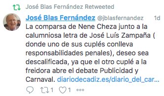 El PP de Cádiz continúa con su campaña contra la libertad de expresión. Primero, los ciudadanos que eran críticos, después contra mí. Ahora, contra el Carnaval y los autores que no son afín

Dejen de amenazar a la gente y  llevar a los tribunales a quienes se expresen libremente