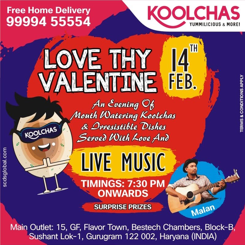 Koolchas01's tweet photo. Gift your valentine a beautiful evening of live acoustic music and Malan sings his heart out with love for you both. Only at KOOLCHAS.
#koolchas #gurugram #yummilicious #gift #free #buy1get1free #tea #coffee #valentineday #giftyourvalentine #livemusic #Malan #love #romantic https://t.co/eh5Lg9HJa1