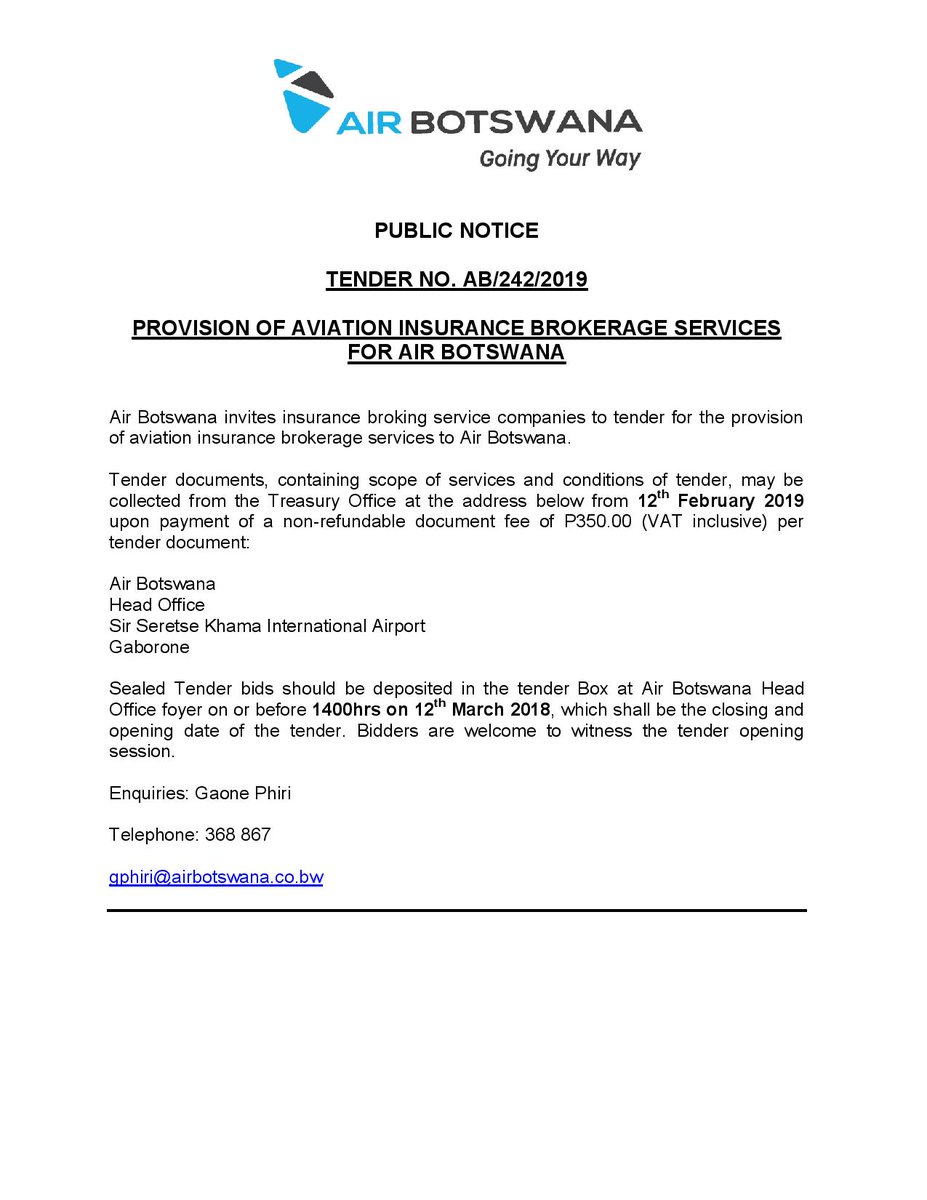 AirBotswana's tweet image. PUBLIC TENDER NOTICE - INSURANCE BROKERAGE SERVICES TO AIR BOTSWANA