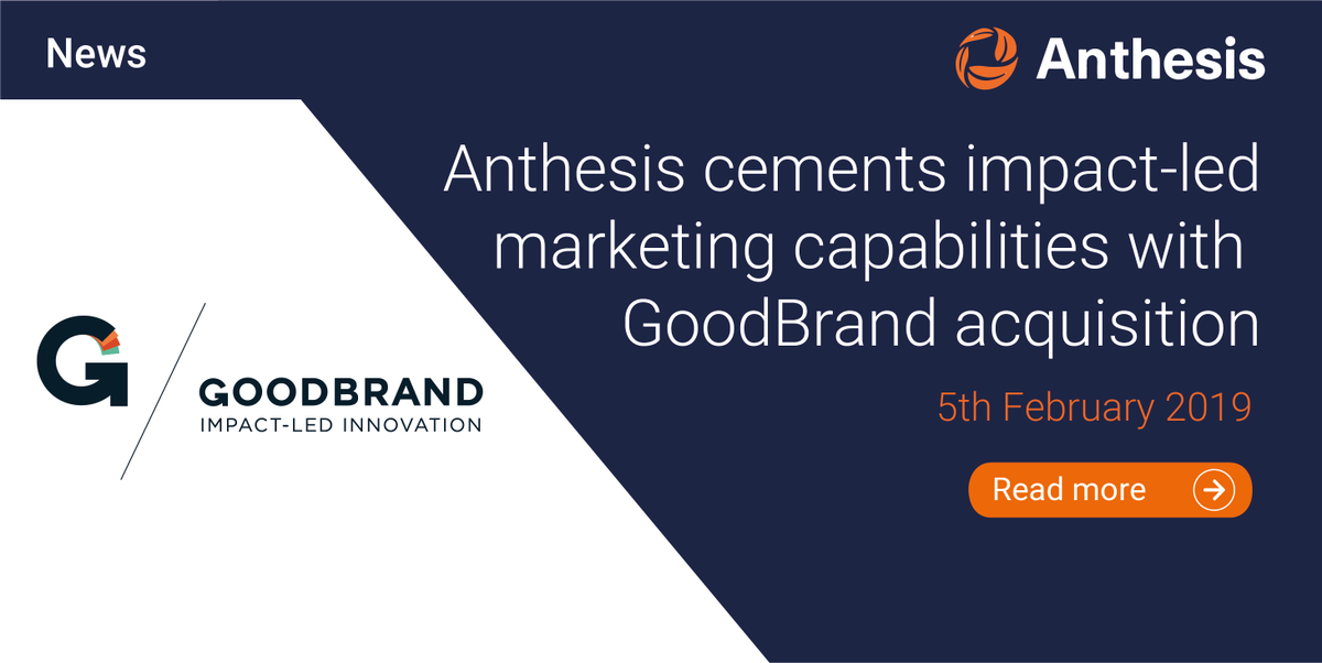 We’re delighted to announce the acquisition of impact-led innovation consultancy <a href="/wearegoodbrand/">GoodBrand</a>, an established advisor to leading brands, including Unilever, Danone and Nestlé. blog.anthesisgroup.com/anthesis-group… #acquisition