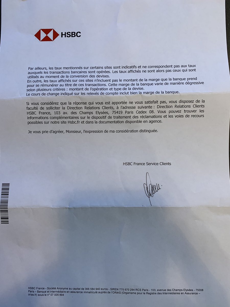 bidoric's tweet photo. Suite email, réponse de @HSBC_FR par courrier, disant que je comprends rien au change, évite de dire quels sont les frais et me demande de répondre par courrier #ServiceClientNul pas de #transparence vive la #fintech pour une vrai alternative @RevolutApp @n26 https://t.co/le4X16kL9R