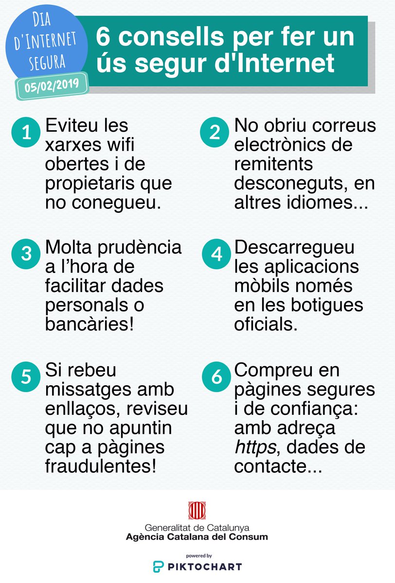 consumcat's tweet photo. Bon dia! Avui és el #DiaInternetSegura i aprofitem per recordar-vos 6 consells bàsics per fer un ús segur de la xarxa. Entre tots i totes fem una Internet millor #FemEquip @tic @gencat @joventutcat @internetambseny @mossos #SID2019 https://t.co/SXxcPRfP45