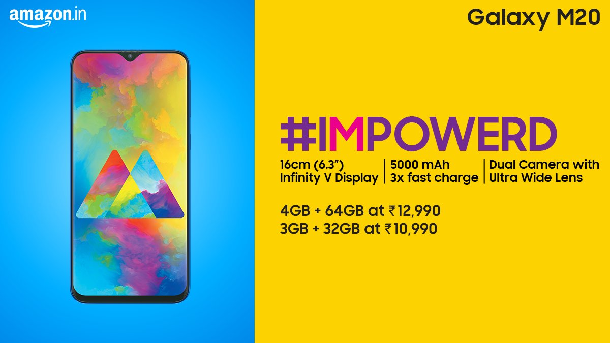 SamsungIndia's tweet photo. Get your hands on the power-packed Samsung Galaxy M20 with a massive 5000mAh battery and 3X fast charge. Be the first one to get your hands on it. Get Notified on Amazon https://t.co/jvC7dhV2pr &amp; Samsung India https://t.co/LA7Jb97HTa  
#IMPOWERD #GalaxyMSeries https://t.co/9MCBLthE39